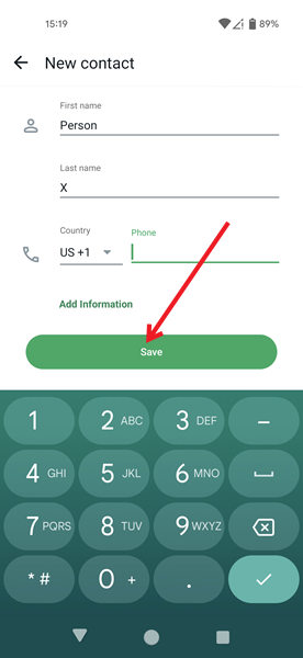 Saving new contact directly in WhatsApp for Android.
