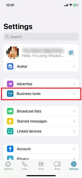 Tapping on "Business tools" in WhatsApp for iPhone.