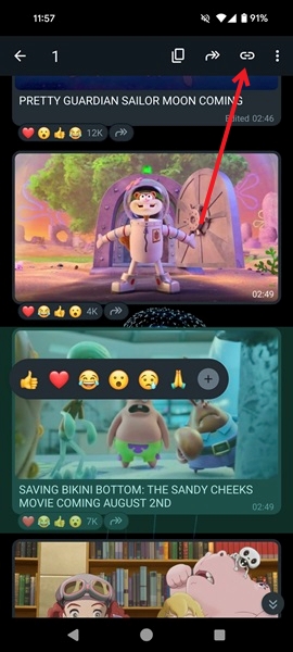 Creating link to message in WhatsApp channels on Android.