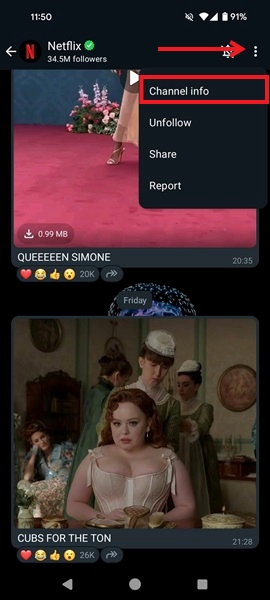 Selecting "Channel info" option in WhatsApp channel on Android.