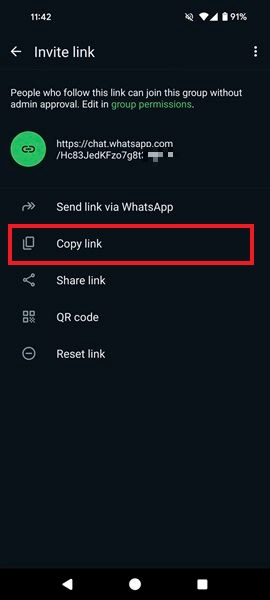 Opting for the "Copy link" option in WhatsApp on Android.