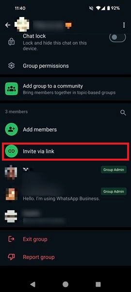 Selecting "Invite via link" option in WhatsApp group on Android.