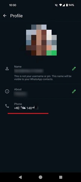 Viewing WhatsApp number on Android app.