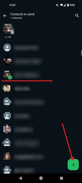 Selecting contacts to share in WhatsApp on Android.