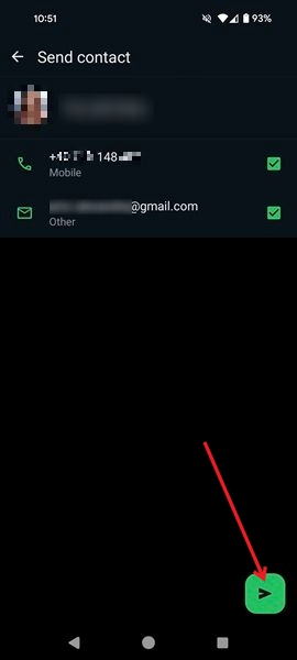 Selecting the contact information you want to share in WhatsApp on Android.