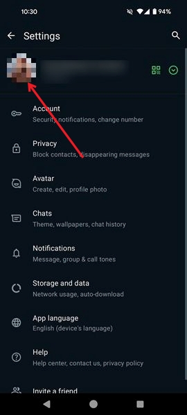Tapping on profile picture in WhatsApp Settings on Android.