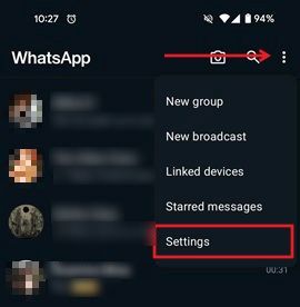 Tapping on Settings option in WhatsApp on Android.