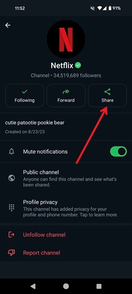 Selecting "Share" option for WhatsApp channel on Android.