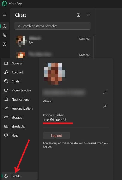 Viewing WhatsApp number from WhatsApp desktop app.