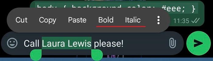 Selecting formatting option from context menu in WhatsApp mobile app.