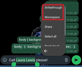 Viewing more formatting options in context menu in WhatsApp mobile app.