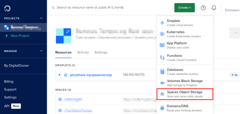 A screenshot showing the location of the "Spaces Object Storage" menu item in the DigitalOcean dashboard.