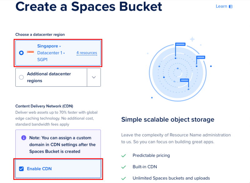 A screenshot showing the buttons for configuring the Spaces bucket location and whether the bucket will use DigitalOcean's CDN.