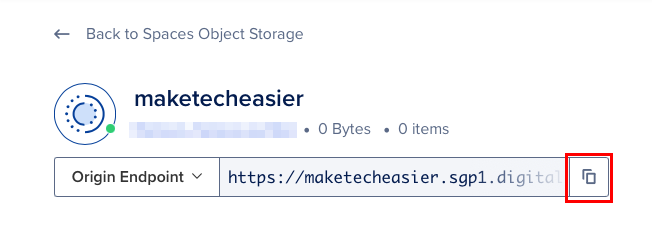 A screenshot highlighting the location of the Copy icon on the Spaces' dashboard.