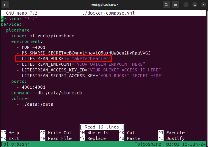 A terminal showing the appropriate value for the S3-compatible bucket.