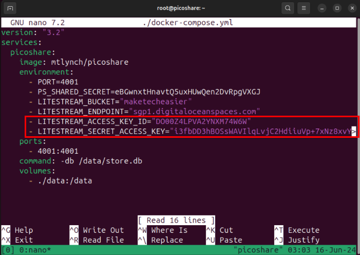 A screenshot showing the Spaces Access Key and Secret Key for the PicoShare instance.
