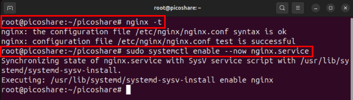 A terminal showing the config verification and the systemctl command for starting up the Nginx webserver.