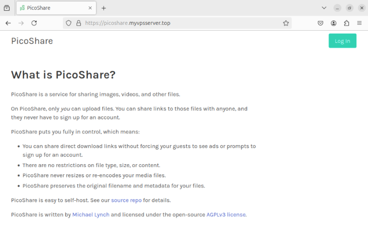 A screenshot showing the landing page for PicoShare that's running on a VPS.