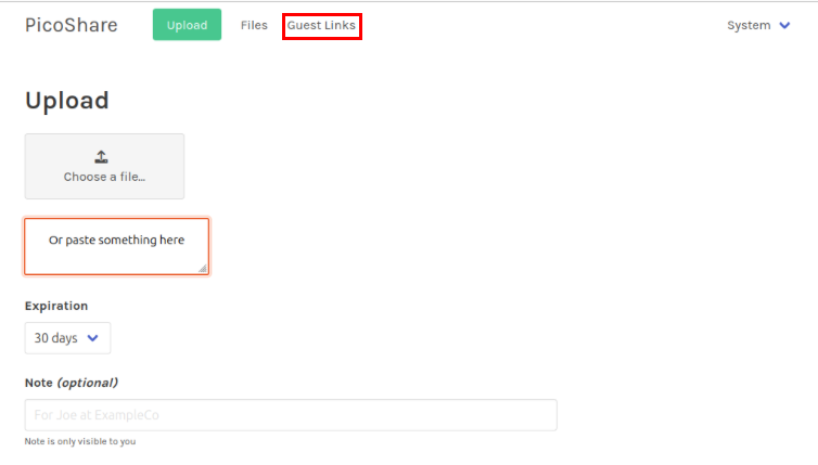 A screenshot showing the location of the "Guest Links" category in the PicoShare dashboard.