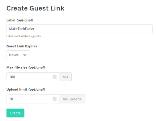 A screenshot showing a completed Guest Link form.