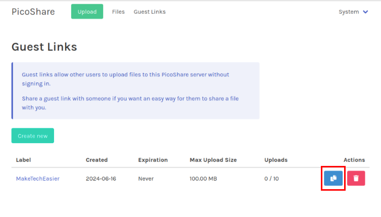 A screenshot showing the location of the Copy Icon on the Guest Links screen.