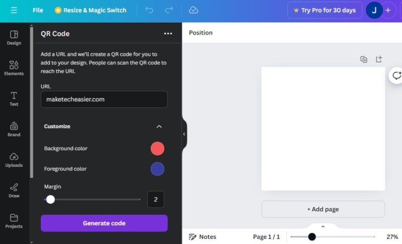Customizing a QR code in Canva on a computer.