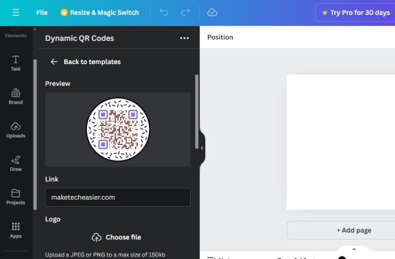 Adding a dynamic QR code in Canva.
