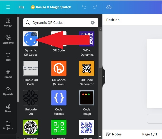 Choosing the Dynamic QR Codes app from Canva.