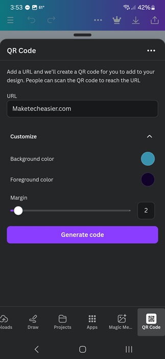 Customizing the QR code in the Canva mobile app.