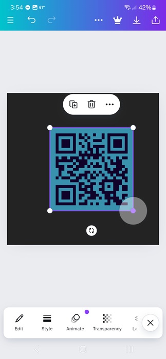 Final QR code result in the Canva mobile app.
