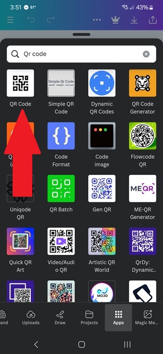 Selecting the QR code app in the Canva mobile app.