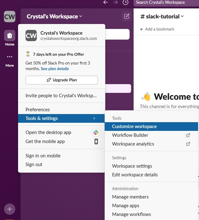 Customizing the Slack workspace.