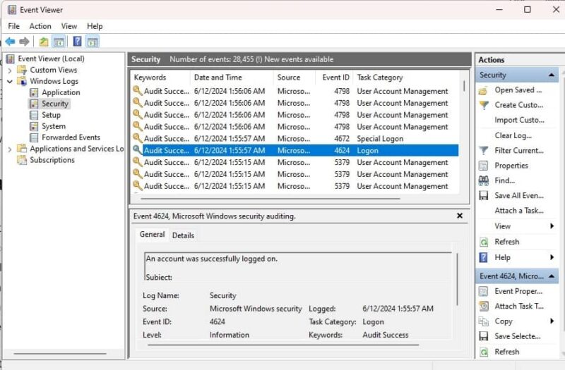 Viewing the latest security events in Event Viewer to check for unauthorized PC access.