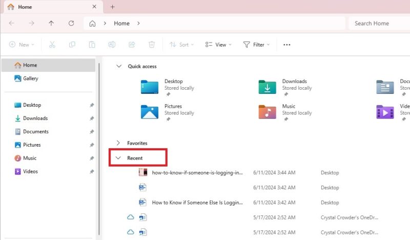 Checking the Recent list in File Explorer to check for unauthorized PC access.
