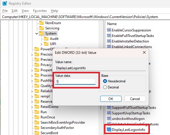 Changing the value of the DisplayLastLogonInfo key in Registry.