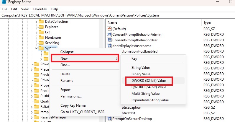 Creating a new DWORD value in the Windows registry.