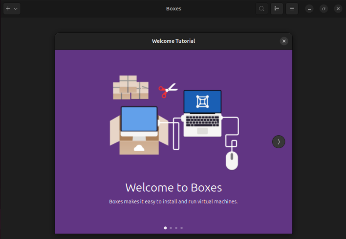 A screenshot showing a Flatpak version of the GNOME Boxes app.