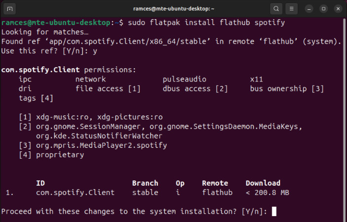 A terminal showing the installation prompt for Flatpak apps.