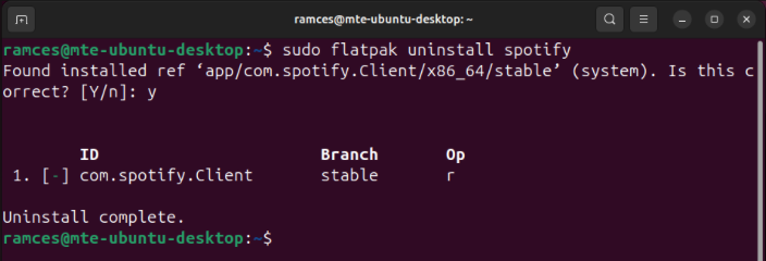A terminal showing the output of the uninstallation prompt for a Flatpak package.