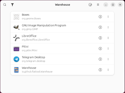 A screenshot of the Warehouse Flatpak Management program running on Ubuntu.