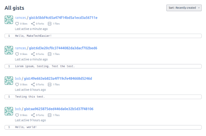 A screenshot of all the gists that are available from an Opengist instance.