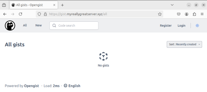 A screenshot showing Opengist running over HTTPS.