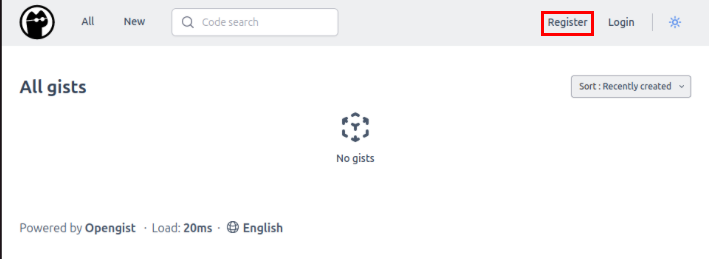 A screenshot highlighting the Register button on Opengist's upper right corner.