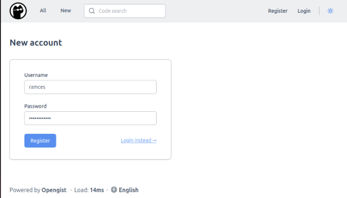 A screenshot showing the registration process for the first Opengist account.