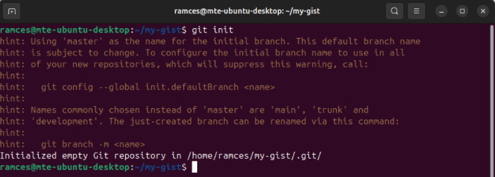 A terminal showing the process of creating a new Git repository for the gist page.