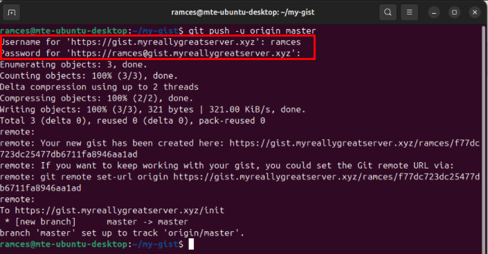 A terminal highlighting the credentials prompt for the Opengist server.