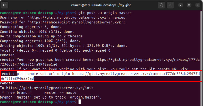 A terminal highlighting the new remote URL for the Opengist page.