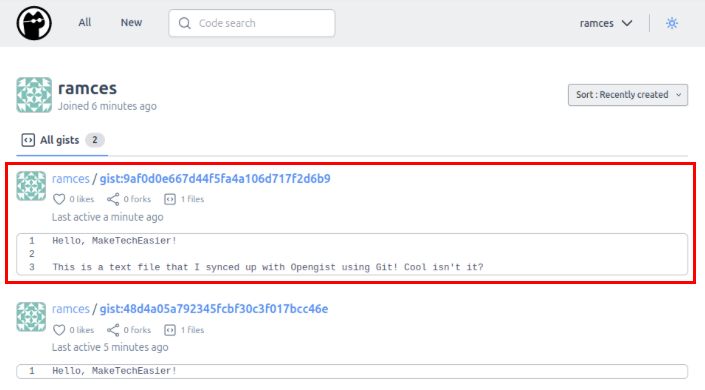 A screenshot showing new gist page on the Opengist web interface.