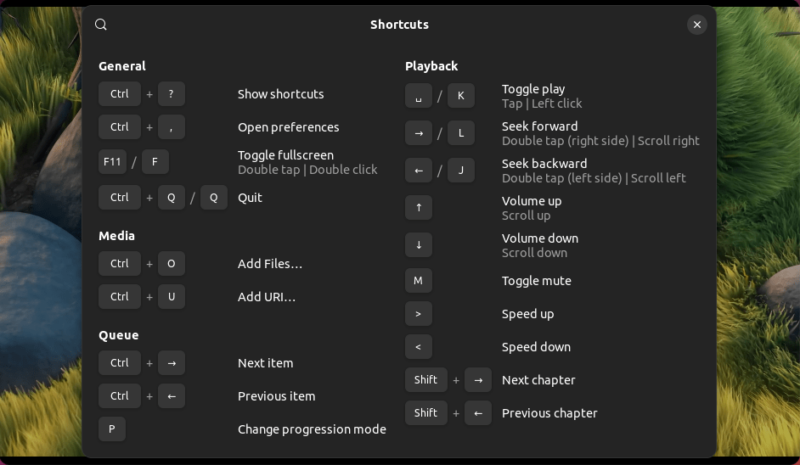 Clapper media player Keyboard Shortcuts