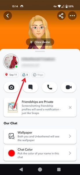 Viewing Snapscore in person's profile page in Snapchat app for Android.